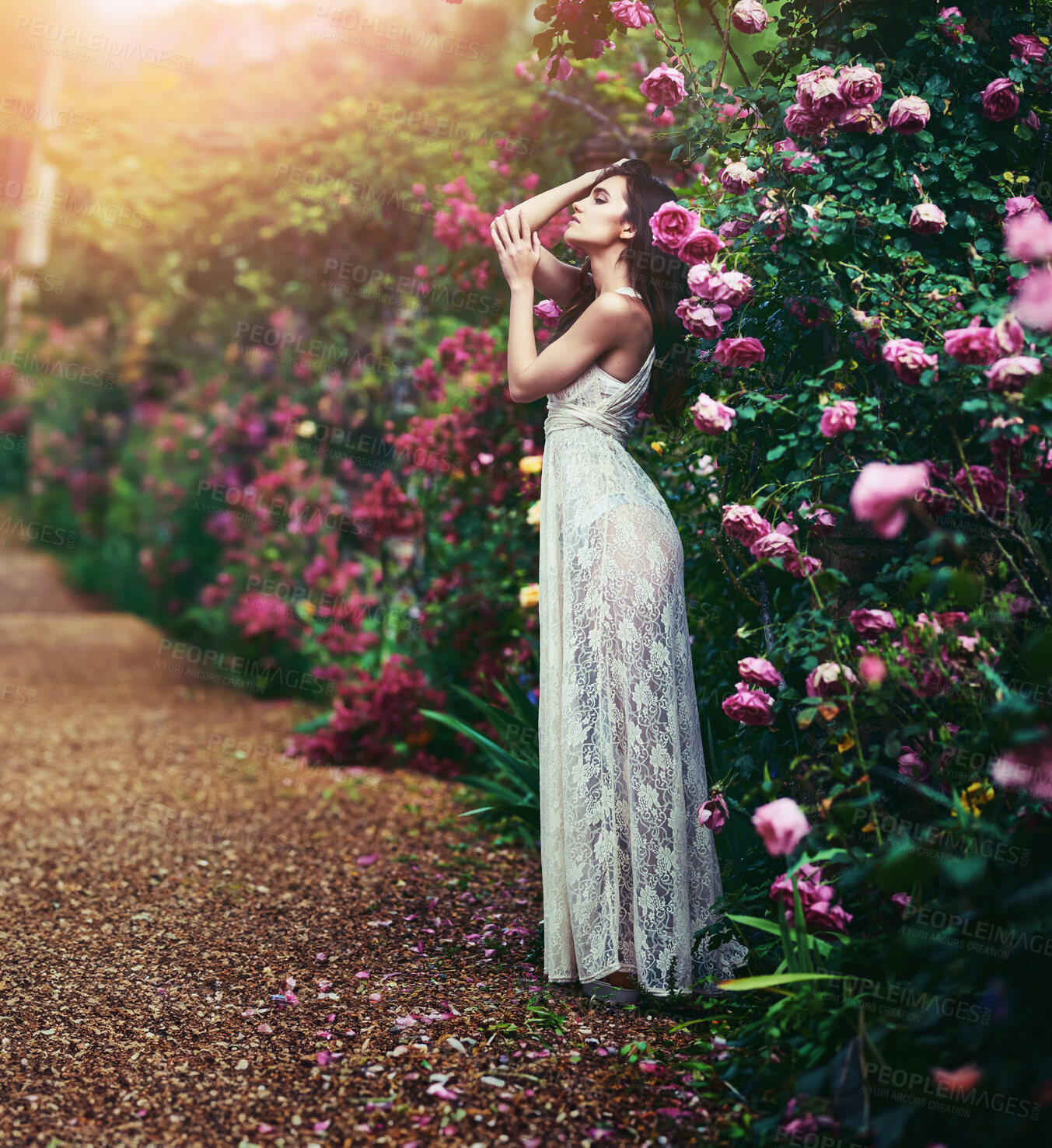 Buy stock photo Organic, fashion and sustainability with woman in garden for classic elegance or natural style. Beauty, environment and lace with model outdoor in flowers of nature for conservation or responsibility