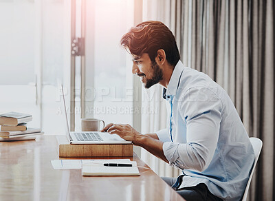 Buy stock photo Remote work, laptop and man typing online report, research and internet for freelance copywriting. Communication, working from home and happy person on computer for website, writing email or planning