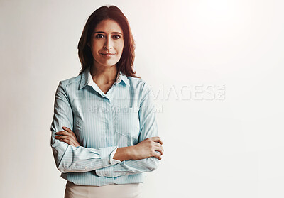 Buy stock photo Businesswoman, portrait or arms crossed in studio with smile for career, secretary with mockup space. Female receptionist, white background or job with administration or working for corporate company