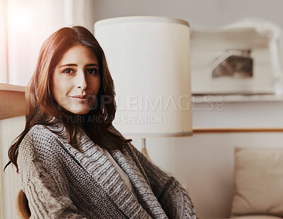 Buy stock photo Portrait, relax and woman in house, calm and off day with weekend break, home and tranquility. Face, person and girl on couch, furniture and comfortable in jersey, peaceful and cozy in apartment