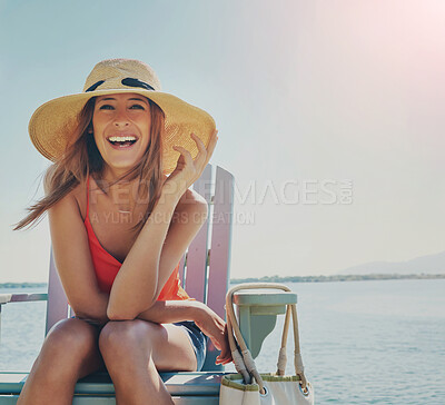 Buy stock photo Portrait, beach and woman with hat, travel and smile for vacation, getaway trip and relax. Face, person and girl on chair, holiday and adventure with journey, water and summer  with tropical island