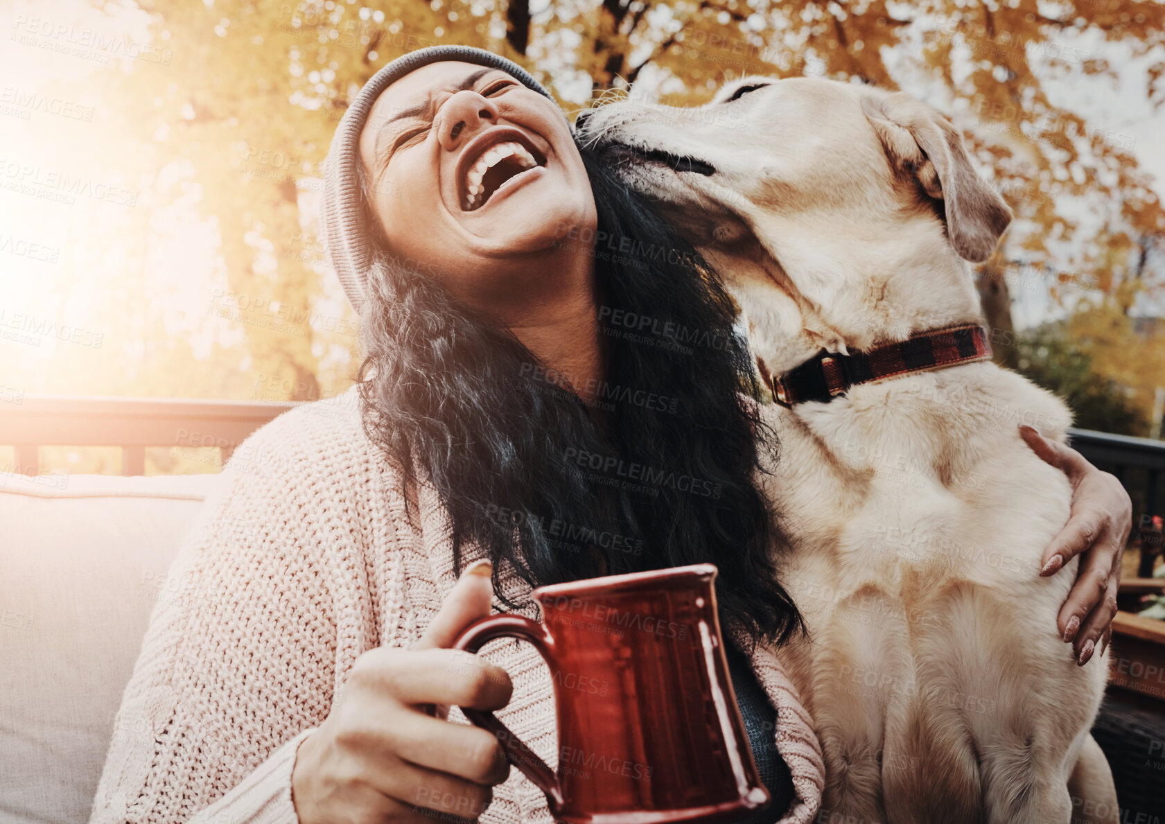 Buy stock photo Happiness, woman and dog on bench with coffee, excited and hug in garden. Mental health, female person and emotional support animal in backyard for company, therapy and relief from anxiety with pet