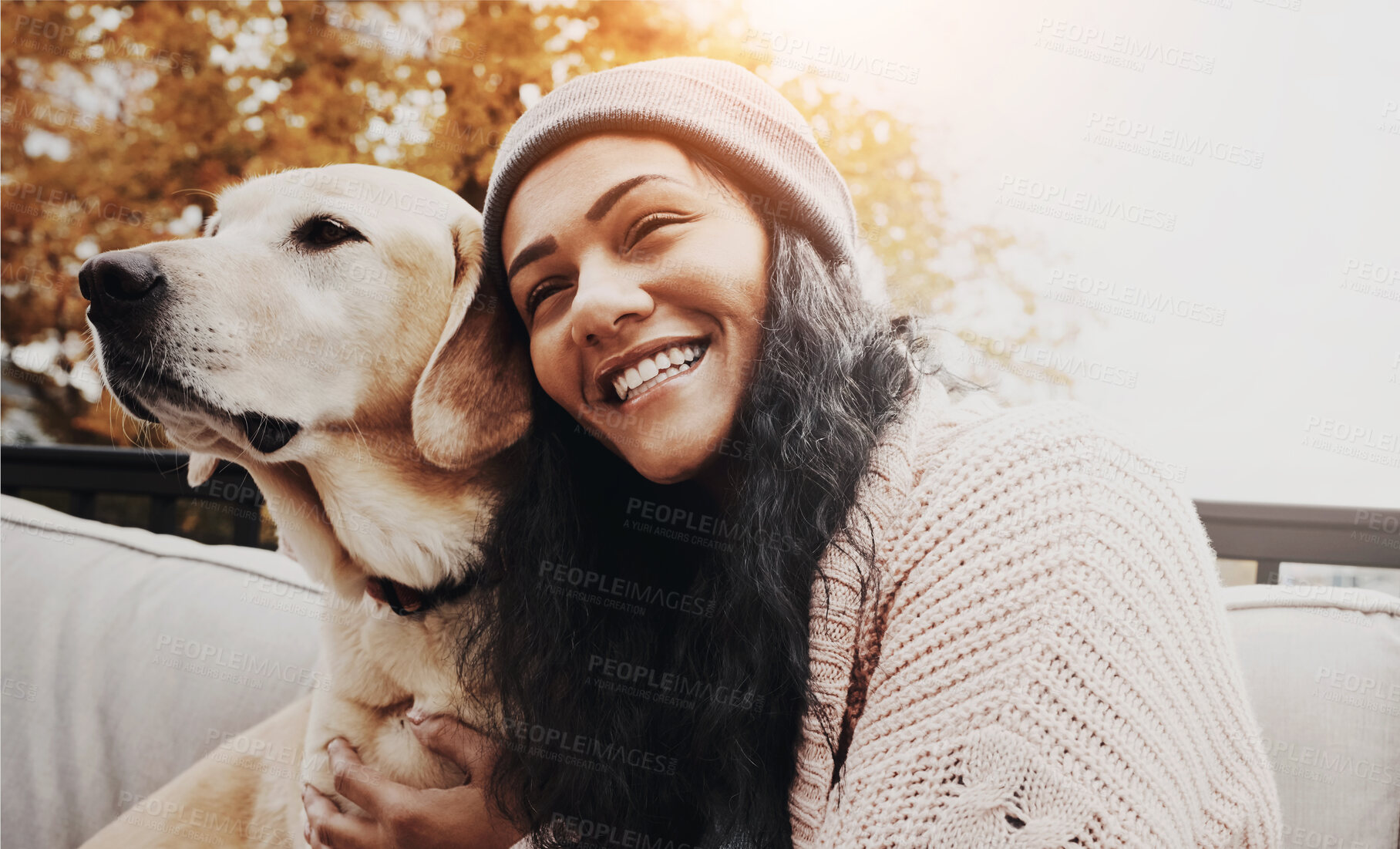 Buy stock photo Happy, pet and woman with dog in garden for love, support and relax outdoors for fun, chill and playing. Best friend, animals and female owner with Labrador for trust, bonding and embrace in backyard