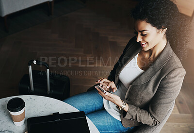 Buy stock photo Hotel, suitcase and woman with phone in lounge for business trip, update and communication of arrival. Top view, lawyer and person with tech by luggage for travel, schedule and information on case