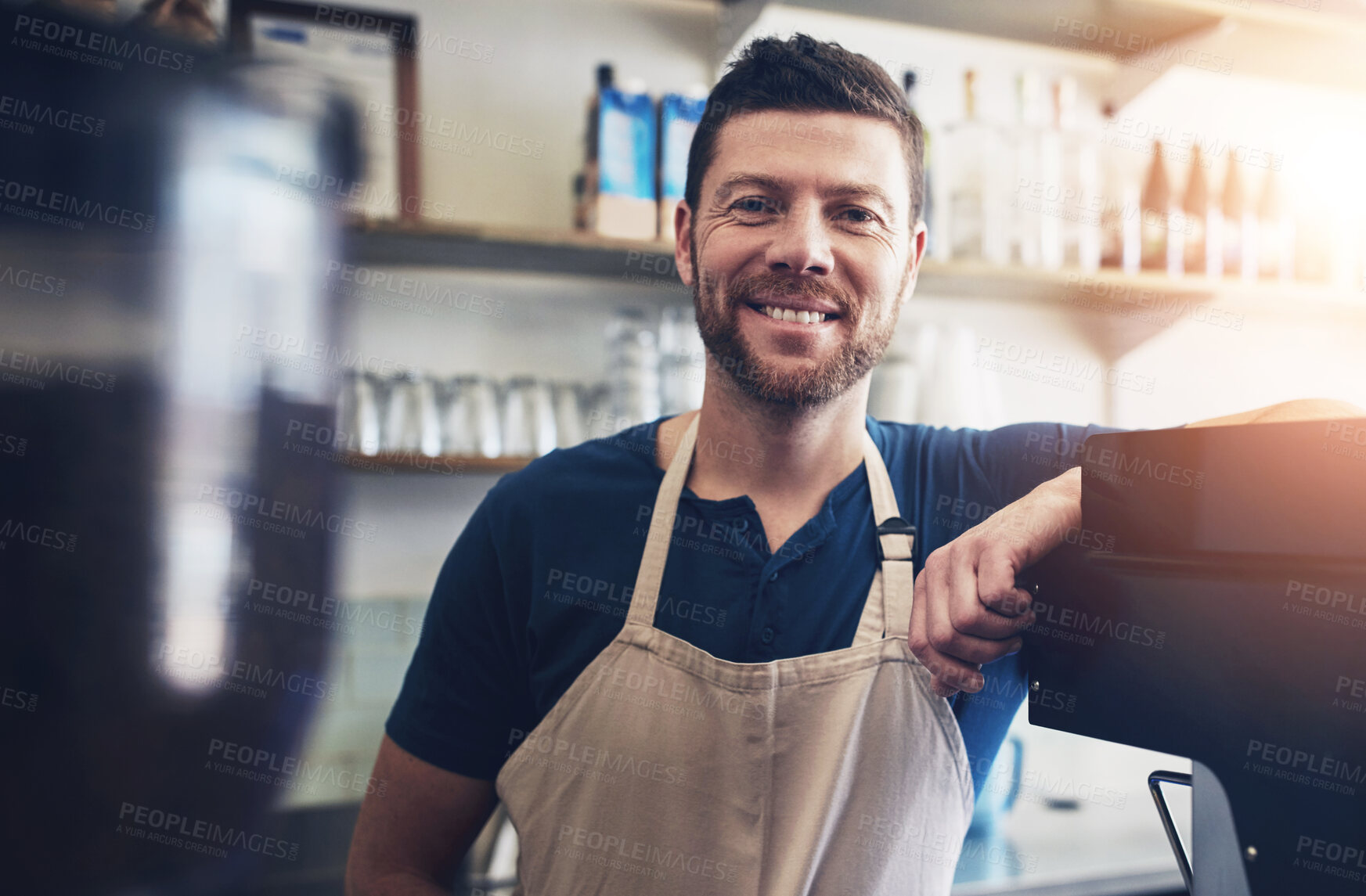 Buy stock photo Barista, man or smile by counter in cafe for customer service, hospitality or coffee shop startup. Small business, waiter or happy server or portrait with ready to welcome, bistro management or pride