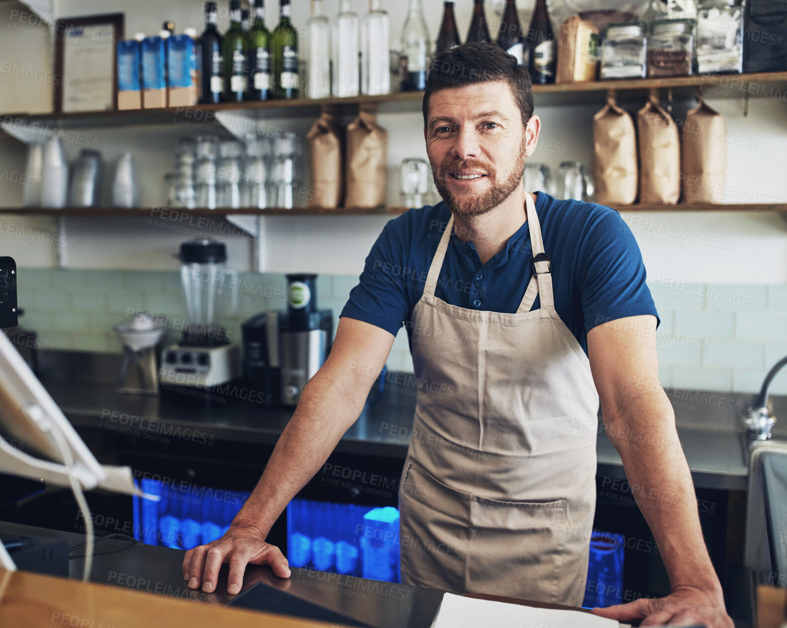 Buy stock photo Barista, man or smile on portrait in cafe for customer service, hospitality or coffee shop startup. Small business, waiter or happy server at counter with ready to welcome, bistro management or pride