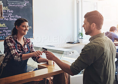 Buy stock photo Payment, barista or man at counter with credit card, service or transaction in coffee shop. Happy woman, waitress or regular customer with order for support local, cashless banking or finance in cafe