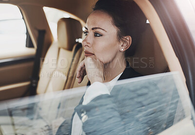 Buy stock photo Business woman, car and travel to work while thinking for schedule, agenda and investment proposal. Consulting partner, idea and driving in city with chauffeur, vision and plan for company direction 