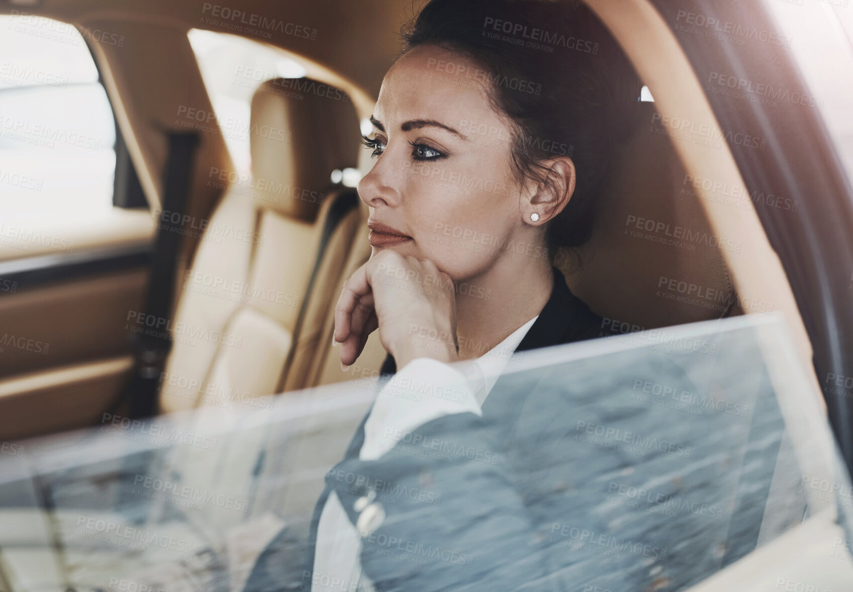 Buy stock photo Business woman, car and travel to work while thinking for schedule, agenda and investment proposal. Consulting partner, idea and driving in city with chauffeur, vision and plan for company direction 