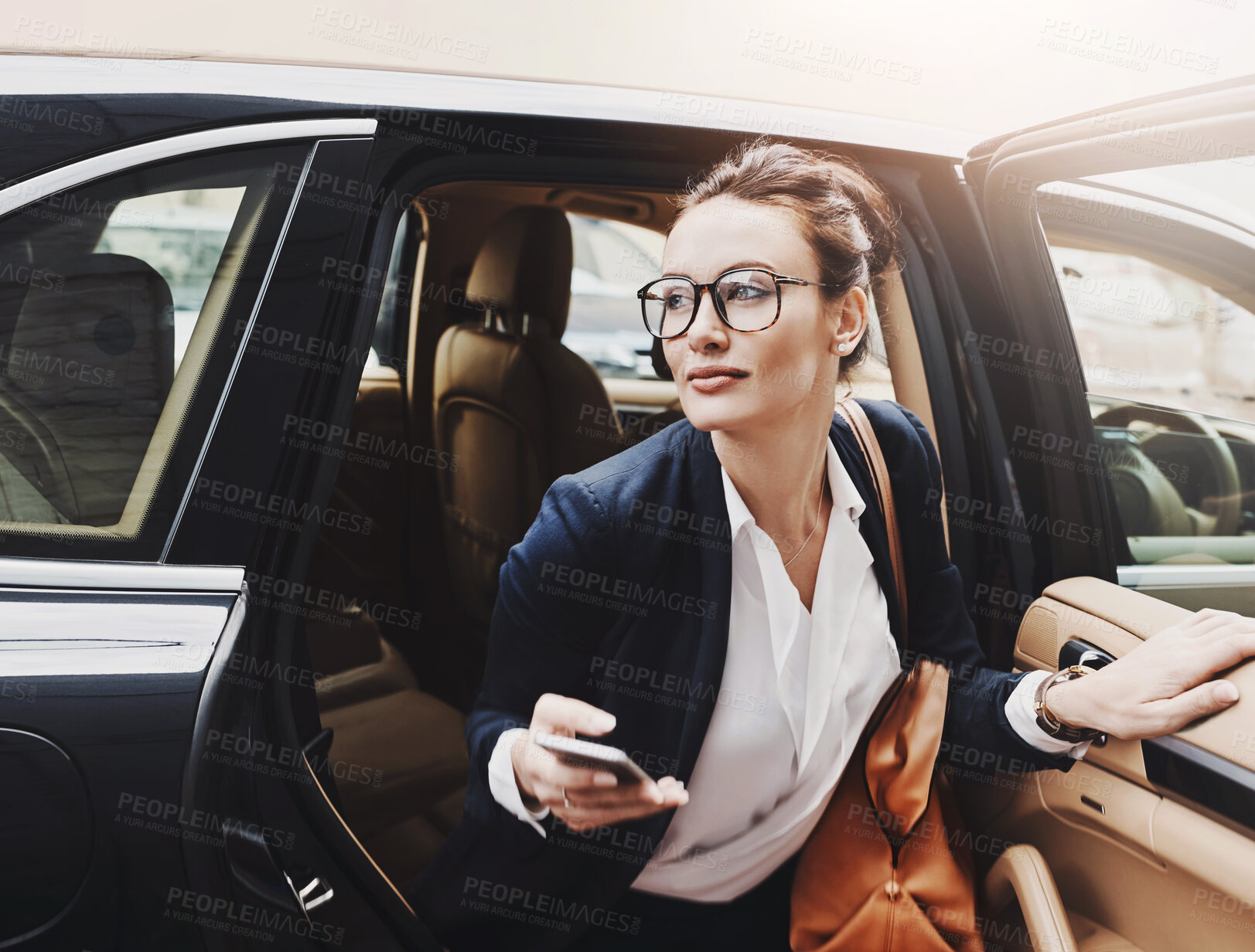 Buy stock photo Business, travel and woman with exit of car in city for morning, journey and arrival at destination. Corporate, lawyer and person with phone by vehicle for legal case, transportation and location