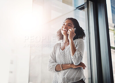 Buy stock photo Phone call, good news or happy businesswoman in startup for networking, negotiation or development. Smile, window or proud African entrepreneur on mobile for talking, conversation or deal discussion