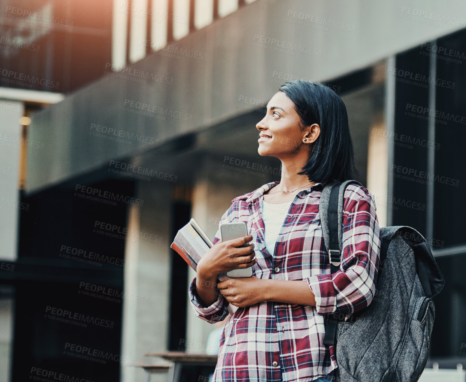 Buy stock photo Girl, college student and books in city with thinking, phone and backpack for education on commute to campus. Woman, happy and bag on sidewalk with smartphone, reflection and learning at university