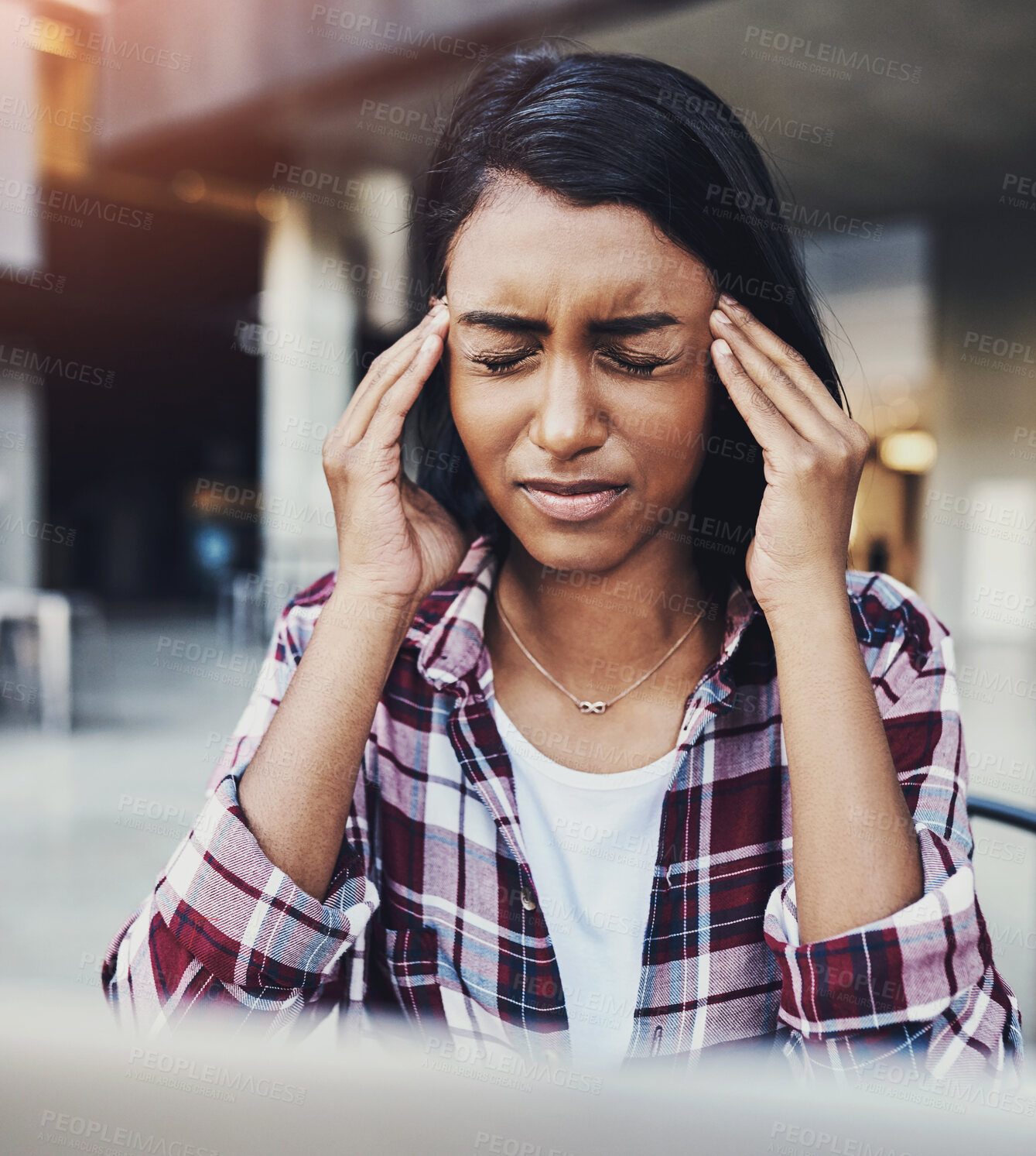 Buy stock photo Girl, student and headache for deadline, due date and assignment for university, college or school. Woman, stress and anxiety for project in commercial law with burnout, symptoms or fatigue on campus