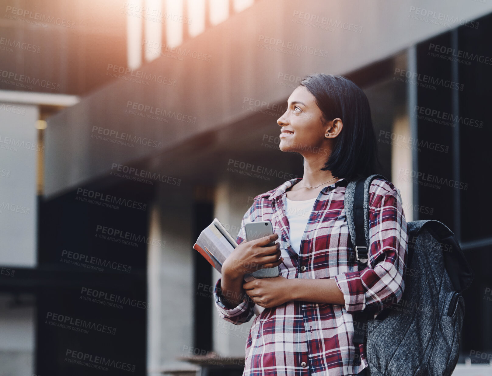 Buy stock photo Thinking, student and girl with books in university with smile for education, future or studying in engineering college. Proud, school or happy Indian woman for research, opportunity or scholarship