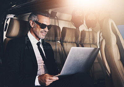 Buy stock photo Businessman, flying and travel with laptop for email or international trip for job or career opportunity on flight. Happy man with computer or technology on airplane for private journey or adventure