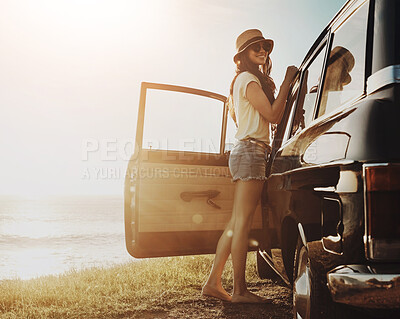 Buy stock photo Car, outdoor and portrait with woman by ocean for summer holiday, vacation and smile in sunshine. Journey, break and person at beach with transport for road trip, peace and sightseeing in Australia