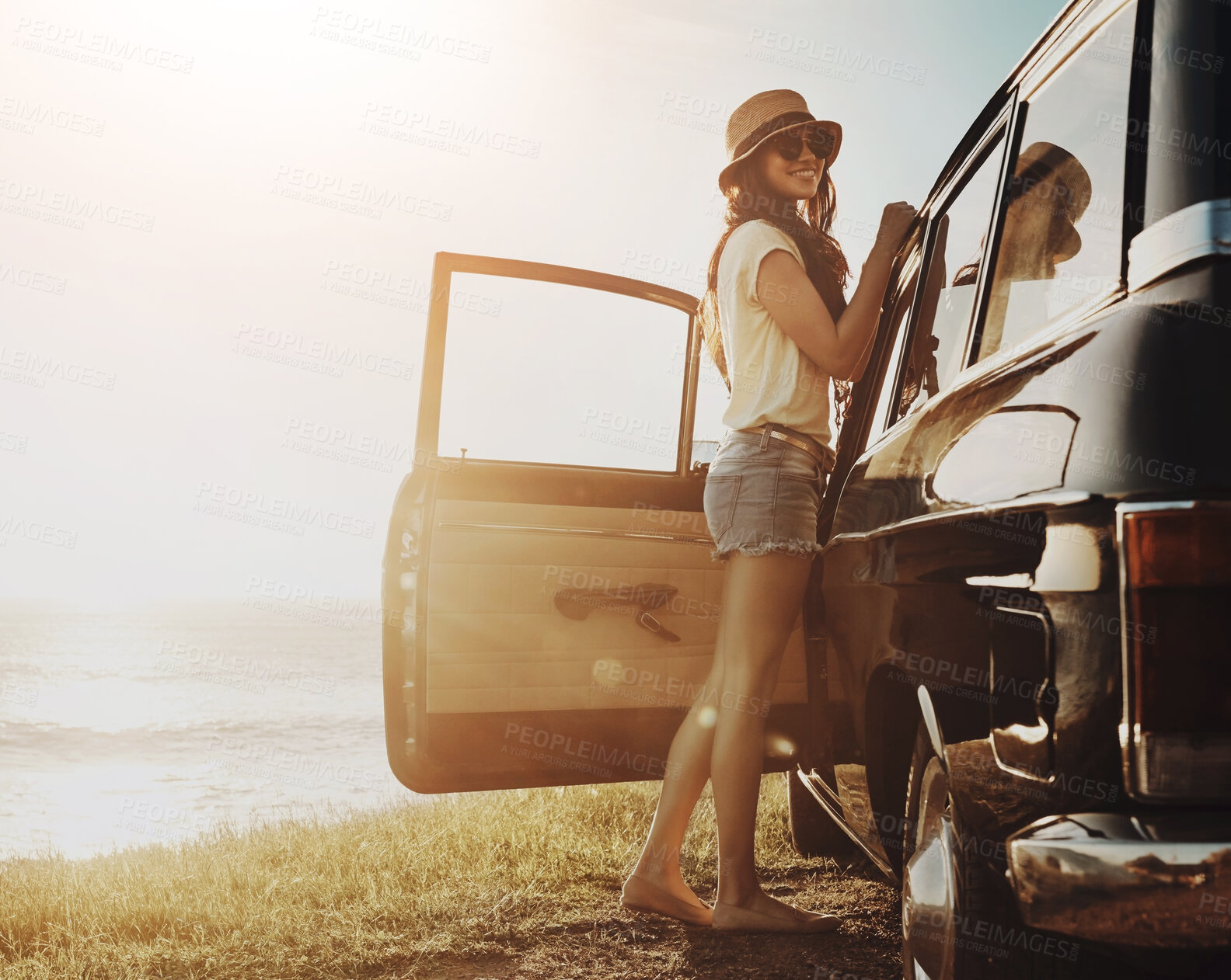 Buy stock photo Car, outdoor and portrait with woman by ocean for summer holiday, vacation and smile in sunshine. Journey, break and person at beach with transport for road trip, peace and sightseeing in Australia