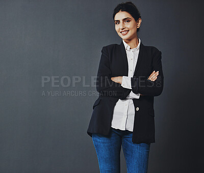 Buy stock photo Indian businesswoman, arms crossed and portrait in studio with smile for career, finance or accounting. Female accountant, gray background and happy for corporate job with mockup space in Bangladesh