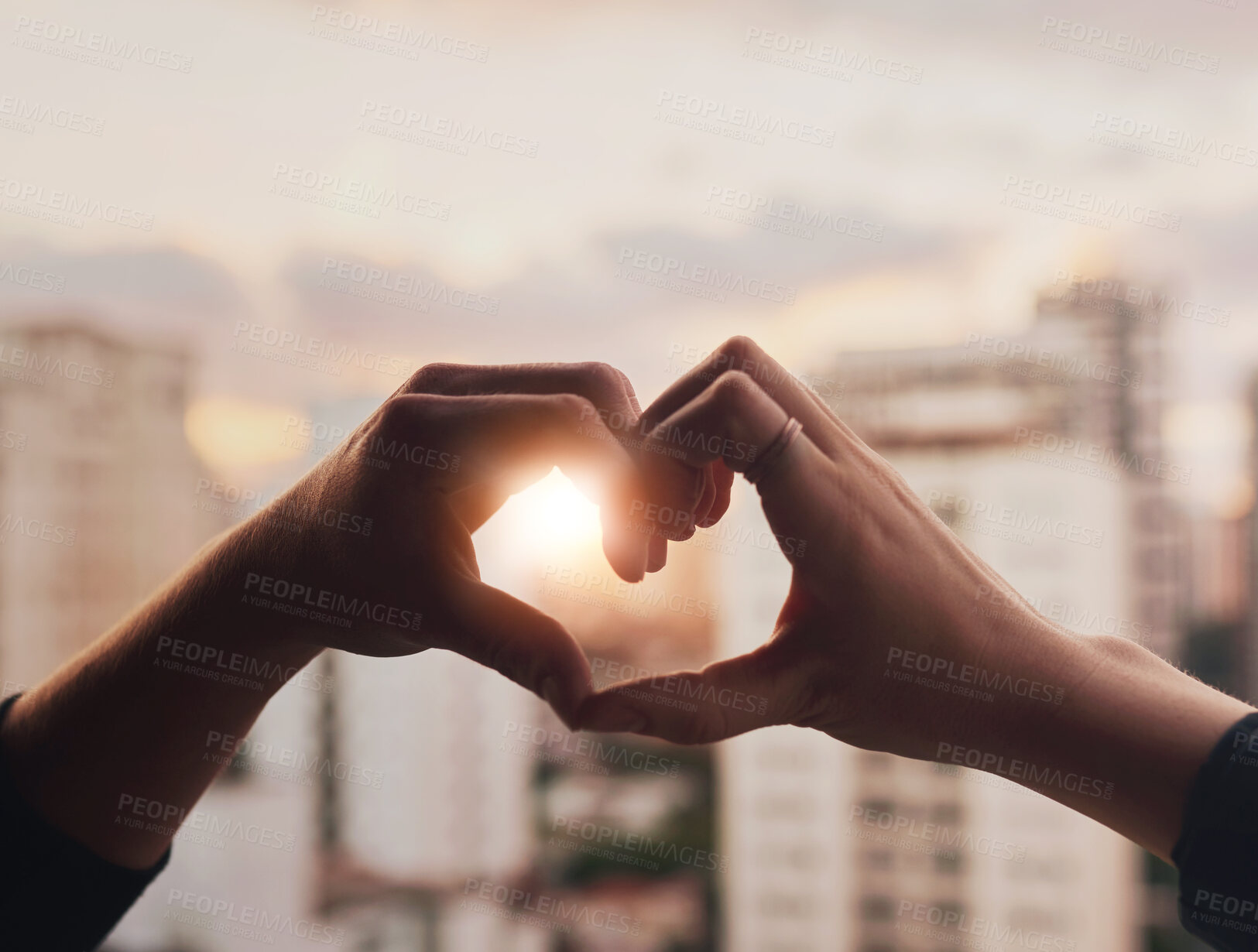 Buy stock photo People, hands and closeup with heart shape in city for Valentines Day, relationship with romance or hope. Couple, urban and fingers together for love emoji with commitment or support, trust or care