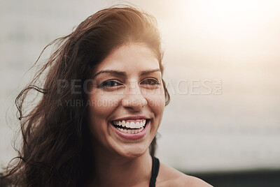 Buy stock photo Laughing, portrait and smile of woman outdoor in city, excited for adventure, journey or vacation. Face, funny and humor with confident or happy person in urban town for getaway, holiday and travel