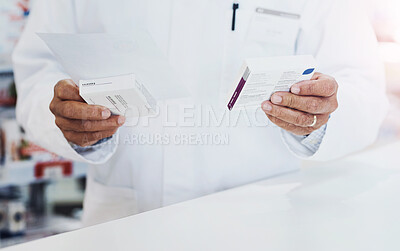 Buy stock photo Hands, person and pharmacist with healthcare, product and medical treatment with diagnosis, cure and medicine. Closeup, professional and employee with item, pharmaceutical drugs and vaccine pills