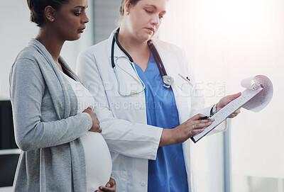 Buy stock photo Clipboard, people or pregnancy with doctor and patient in hospital for appointment with insurance. Consulting, documents and healthcare with medicine professional, prenatal checkup and gynecology