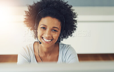 Buy stock photo Black woman, portrait and callcenter smile in office for support business, communication with tech. Female person, insurance consultant or telemarketing company with help desk or advisory service