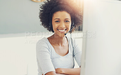 Buy stock photo Black woman, portrait and happy telemarketing in office for support business, communication with tech. Female person, insurance consultant or callcenter for company with help desk or advisory service