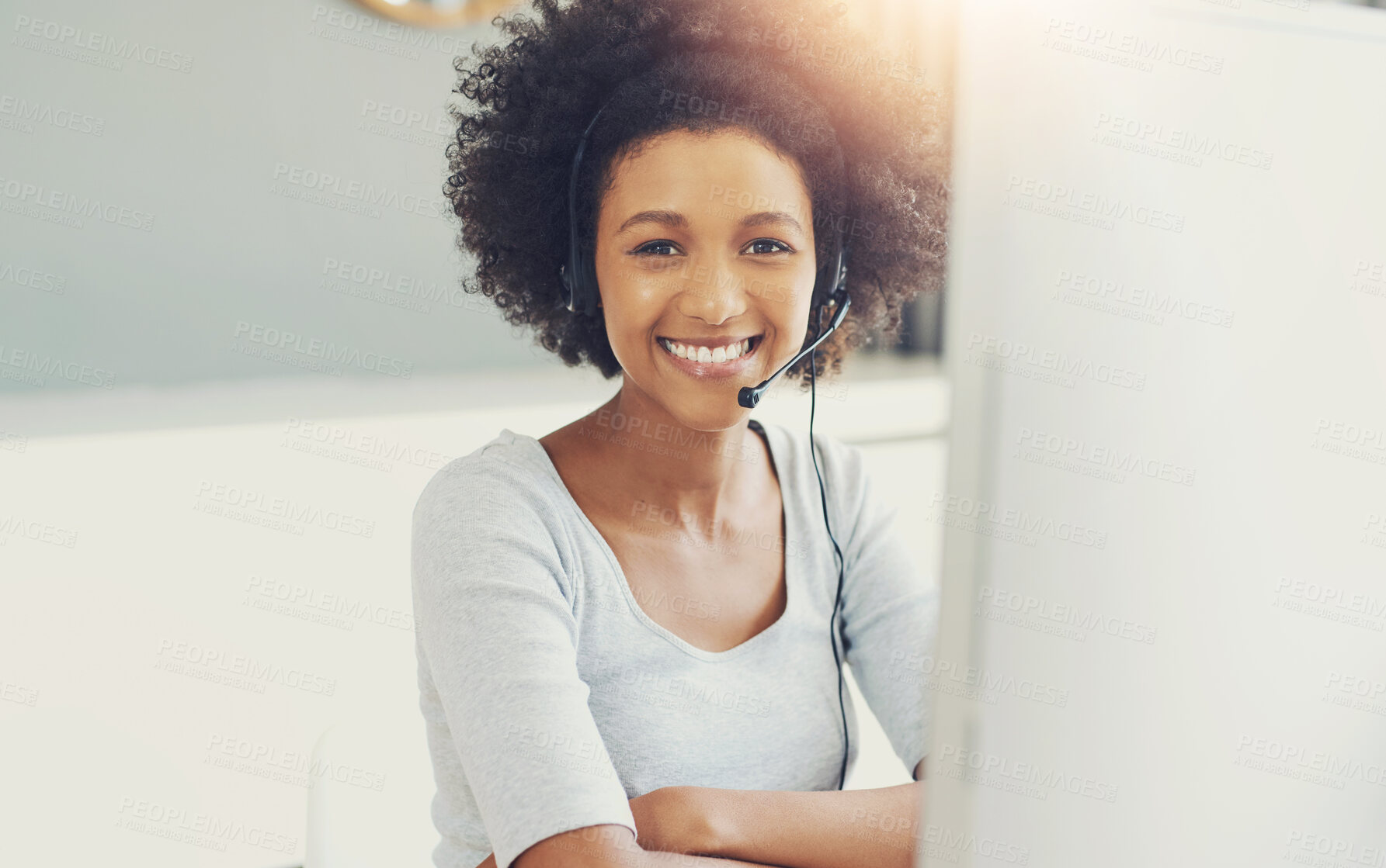 Buy stock photo Black woman, portrait and happy telemarketing in office for support business, communication with tech. Female person, insurance consultant or callcenter for company with help desk or advisory service