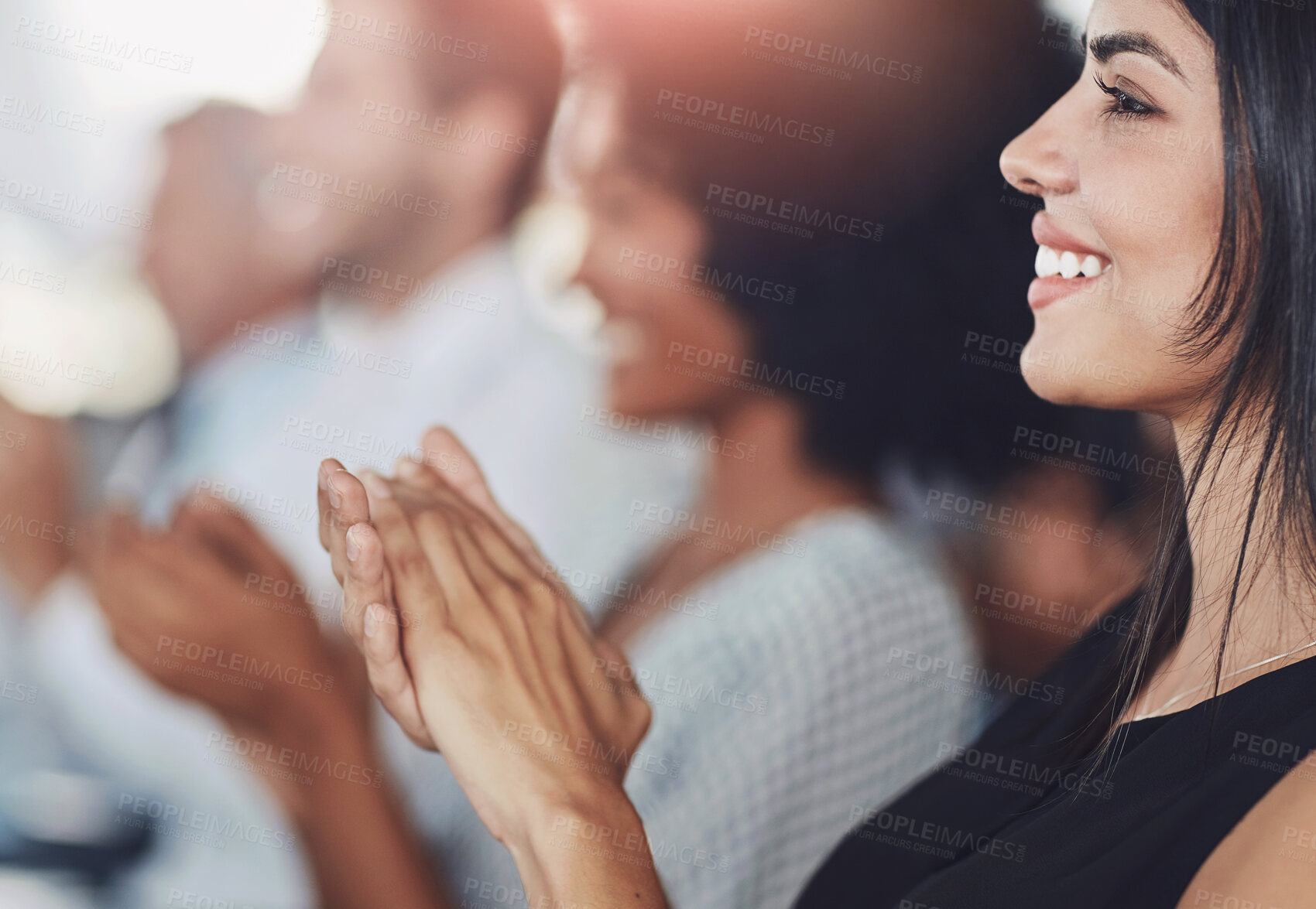 Buy stock photo Clapping, woman and smile in seminar, listening and audience in event, training and presentation in boardroom. Workshop, applause and celebrating of conference, entrepreneurship and masterclass