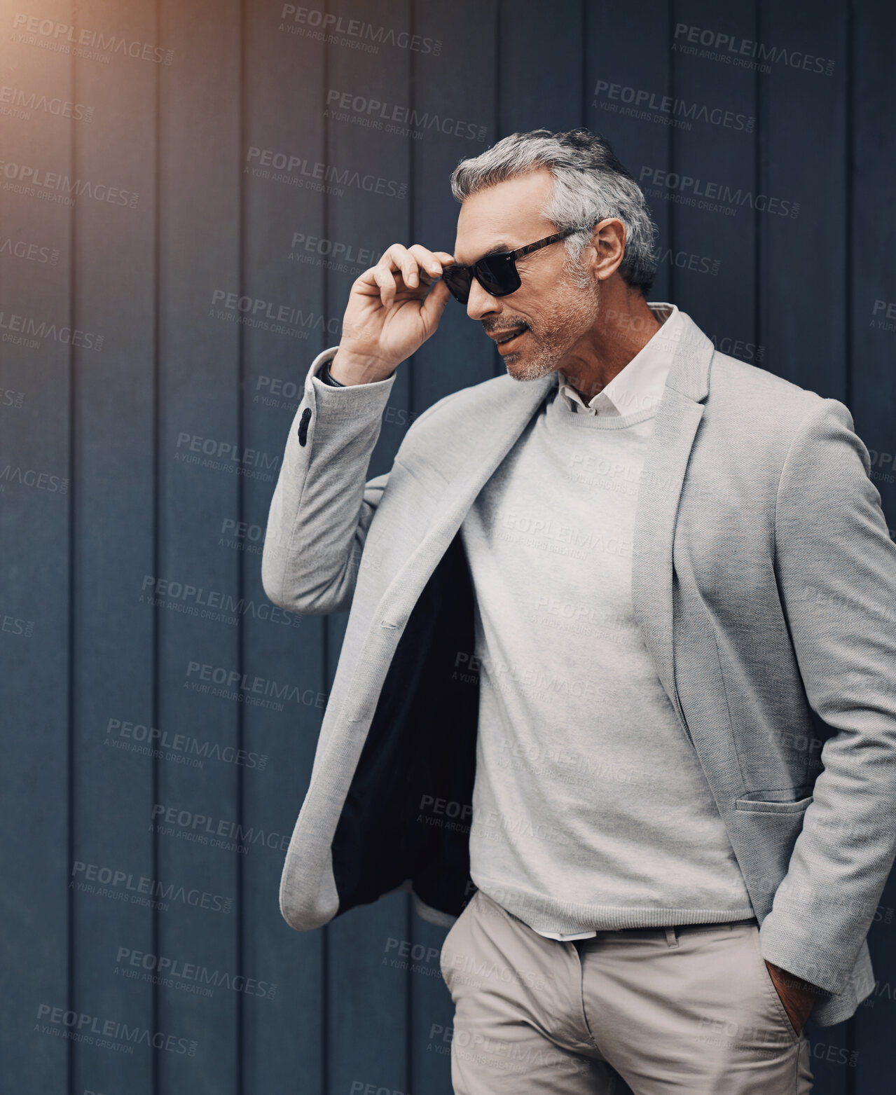 Buy stock photo Business fashion, sunglasses and mature man in city with confidence, style and luxury by building space. Male professional, wealth or future on wall street in finance, management or corporate success