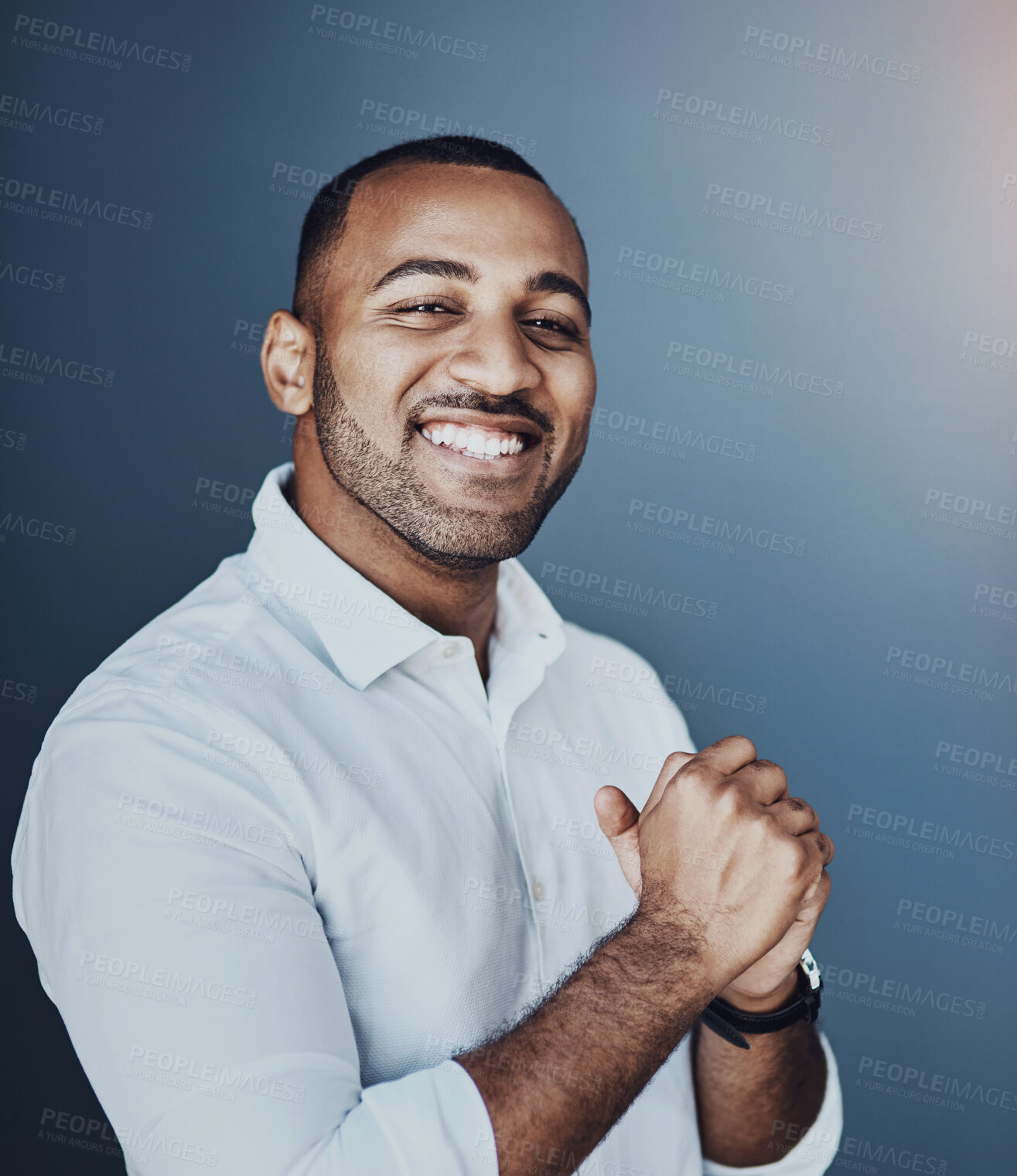 Buy stock photo Portrait, businessman and smile with confidence, pride and happy as insurance agent for company in UK. Male person, broker and consultant in London as professional, commercial and industry in studio