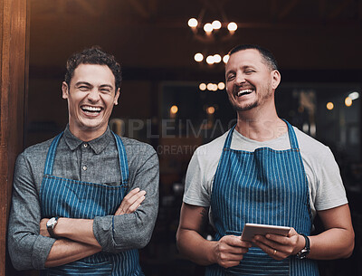 Buy stock photo People, restaurant and portrait of man with tablet, professional and teamwork for small business startup. Happy, confident and pride for success in career in hospitality service, growth and together.