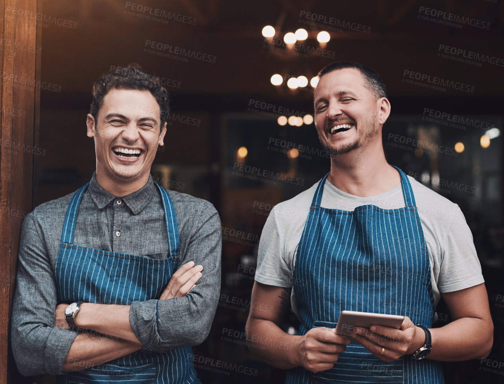 Buy stock photo People, restaurant and portrait of man with tablet, professional and teamwork for small business startup. Happy, confident and pride for success in career in hospitality service, growth and together.