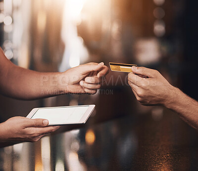 Buy stock photo Credit card, tablet and hands of people in coffee shop for wireless payment at pos counter. Digital technology, sale and closeup of cashier with mockup screen for contactless transaction for customer