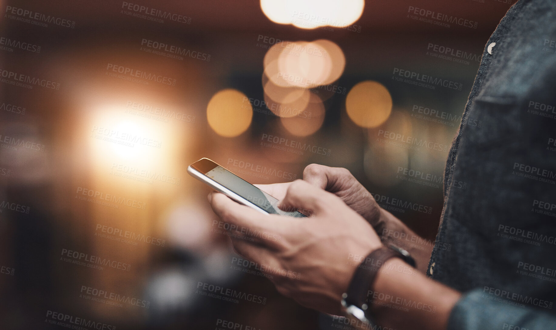 Buy stock photo Man, typing hands and phone internet for social media, email notification and connection for search. Male person, fingers and mobile for chat app, message and online invitation for restaurant launch