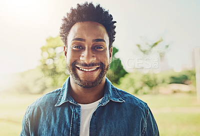 Buy stock photo Happy, face and black man in outdoor, field and park with carefree, sunshine or nature in New York countryside. Person, smile and relax in portrait with calm, hobby and holiday for health or wellness