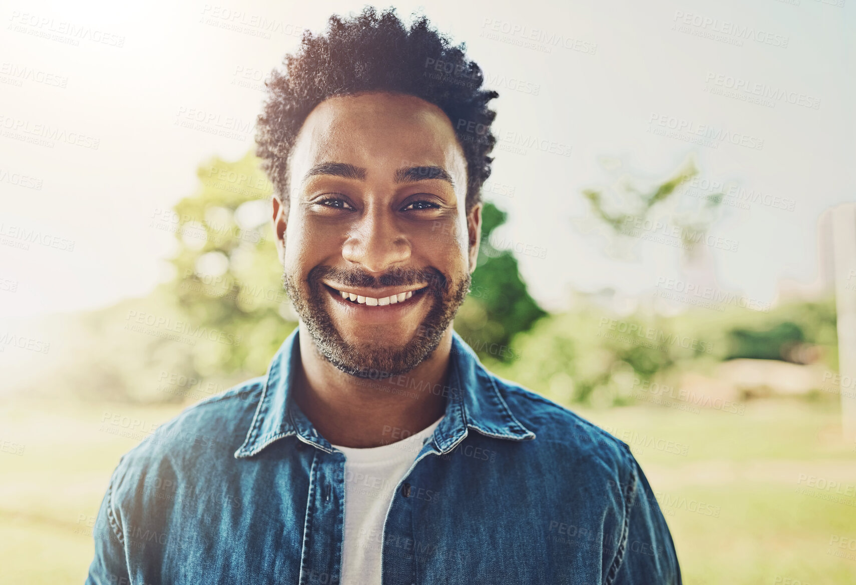 Buy stock photo Happy, face and black man in outdoor, field and park with carefree, sunshine or nature in New York countryside. Person, smile and relax in portrait with calm, hobby and holiday for health or wellness