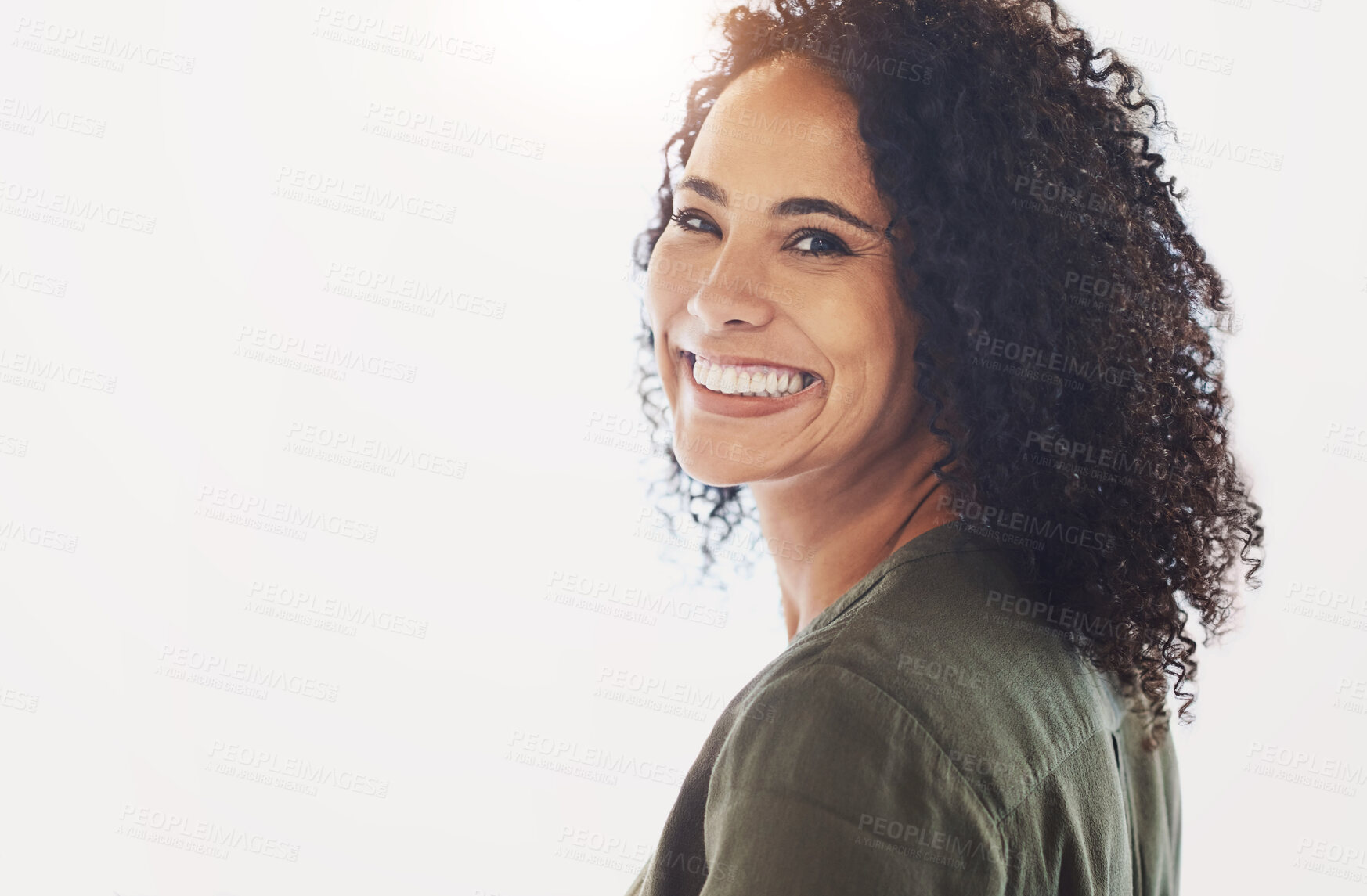 Buy stock photo Business, smile and portrait of woman in studio for corporate career, ambition and confidence. Happy, person and mockup with pride for professional company, administration and job on white background