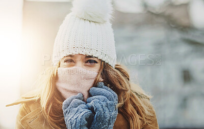 Buy stock photo Portrait, snow and woman with gloves, scarf or winter fashion for cold weather and climate in park in Norway. Travel, break and girl tourist on holiday vacation freezing in nature and outdoor ice