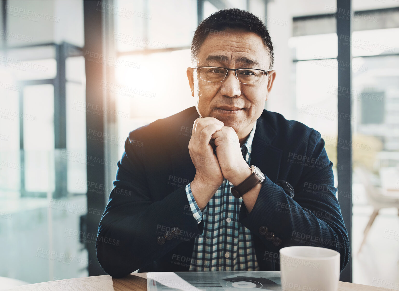 Buy stock photo Office, documents and portrait of businessman with charts for budget, information and report of revenue. Mature Asian financial analyst, paper and info for equity portfolio, feedback and review