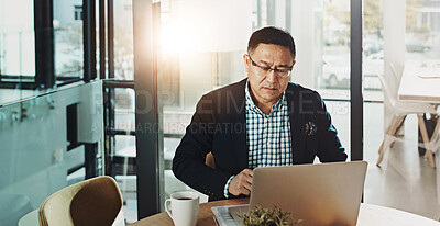 Buy stock photo Asian man, laptop and planning in office, online and manager for networking or project. Mature person, admin and website for human resources in workplace, professional and proposal for business