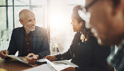 Buy stock photo Financial advisor, accounting or mature businessman in meeting for budget strategy or paperwork. Smile, research or investment banker talking to manager finance, advice or growth report documents