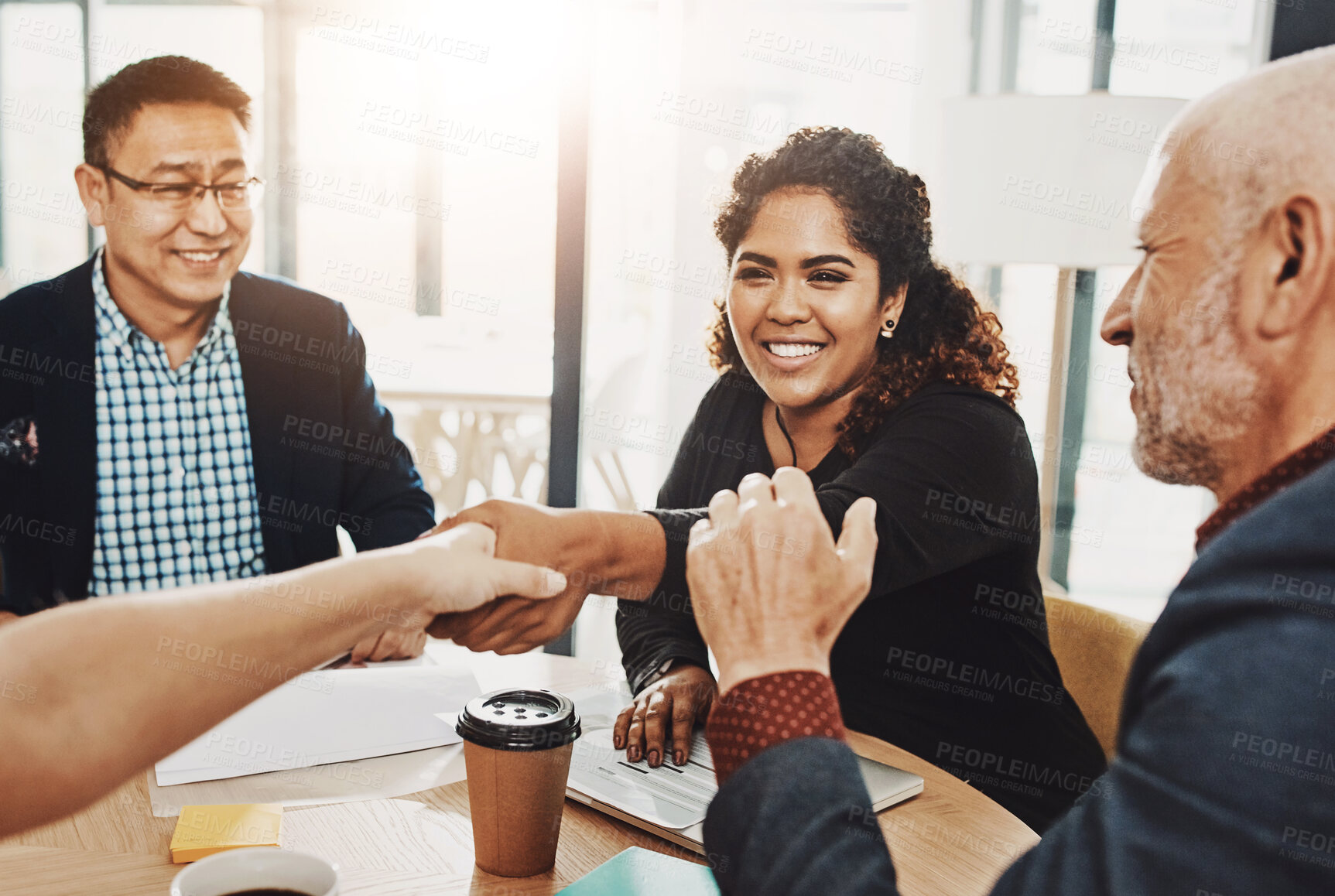 Buy stock photo Business people, meeting and shaking hands in agreement for funding, teamwork or partnership. Collaboration, happy and investment banker greeting manager for financial advice and negotiation deal