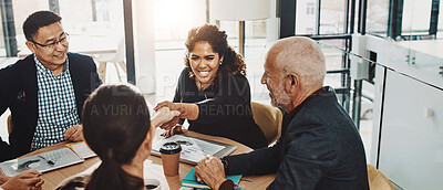 Buy stock photo Finance, collaboration and business people with handshake for deal in office for investment success and partnership. Auditing team, management or shaking hands for b2b opportunity and sales agreement