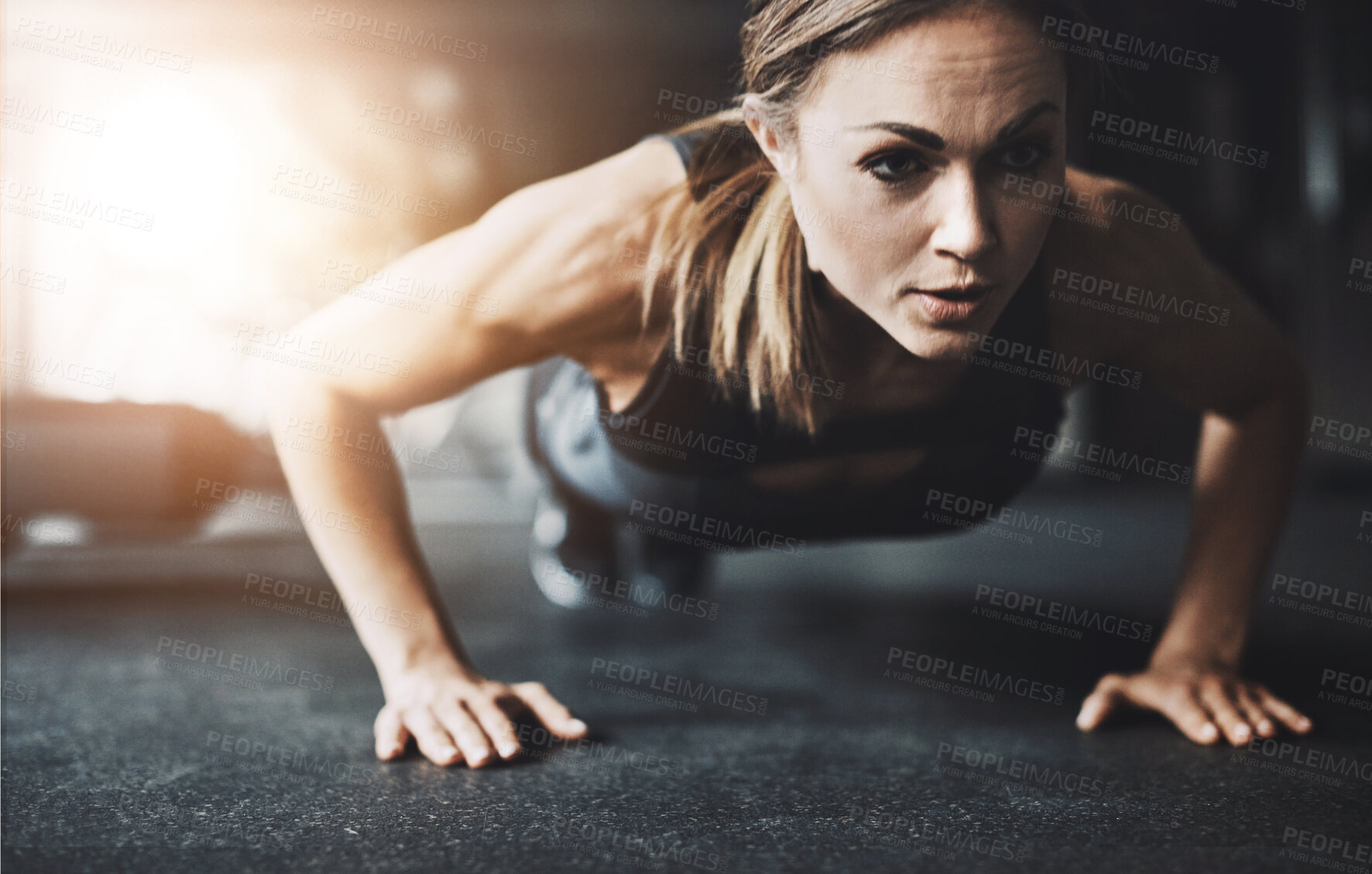 Buy stock photo Woman, push ups and exercise in gym with fitness for core muscle strength, healthy body and chest workout. Pro athlete, bodybuilder and abs training on floor in wellness club for balance and power