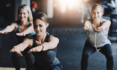 Buy stock photo Women, group and stretching with fitness, exercise and balance with workout, routine and performance. People, athlete and friends in wellness center, active and cardio with warm up,  and training