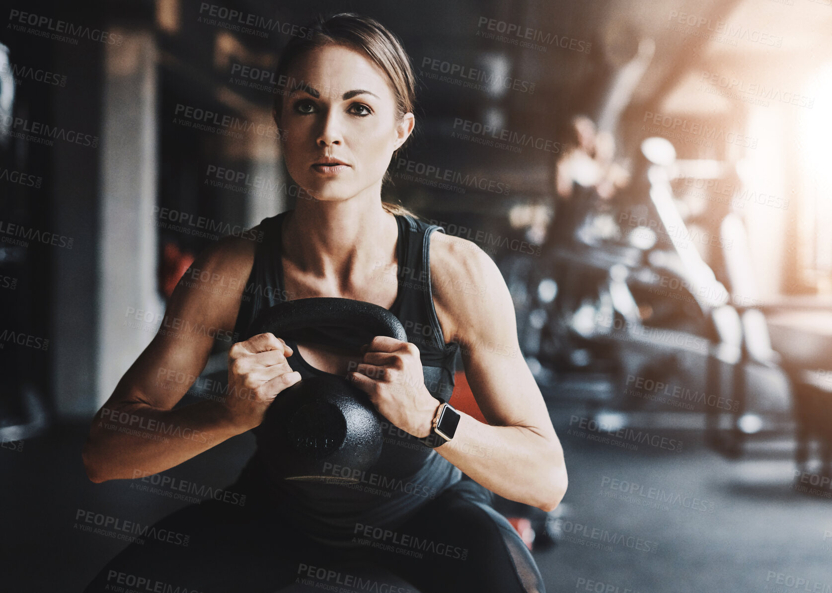 Buy stock photo Woman, kettlebell and workout in gym with fitness for core strength, endurance training or power challenge. Weights exercise, pro athlete or bodybuilder with heavy lifting for bodybuilding routine