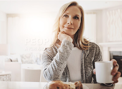 Buy stock photo Old woman, thinking and coffee in kitchen at breakfast, relax and hot beverage for memory on weekend. Female person, espresso and planning for retirement in home, wondering and matcha for comfort