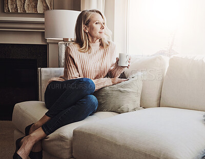 Buy stock photo Mature woman, reflection and coffee in home for peace, relax and hot beverage for memory on weekend. Female person, espresso and planning for future in living room, thinking and tea for comfort